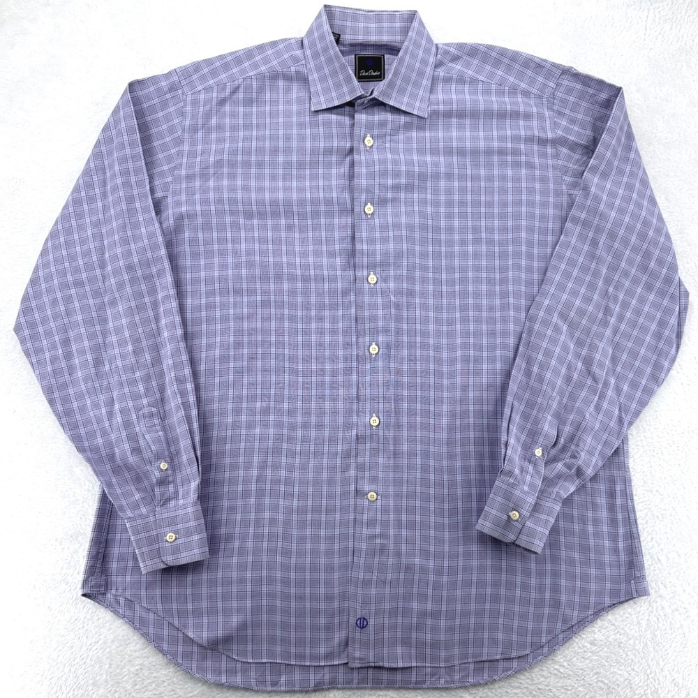 David Donahue Mens Dress Shirt 17 36/37 Purple Plaid Cotton Long Button Up